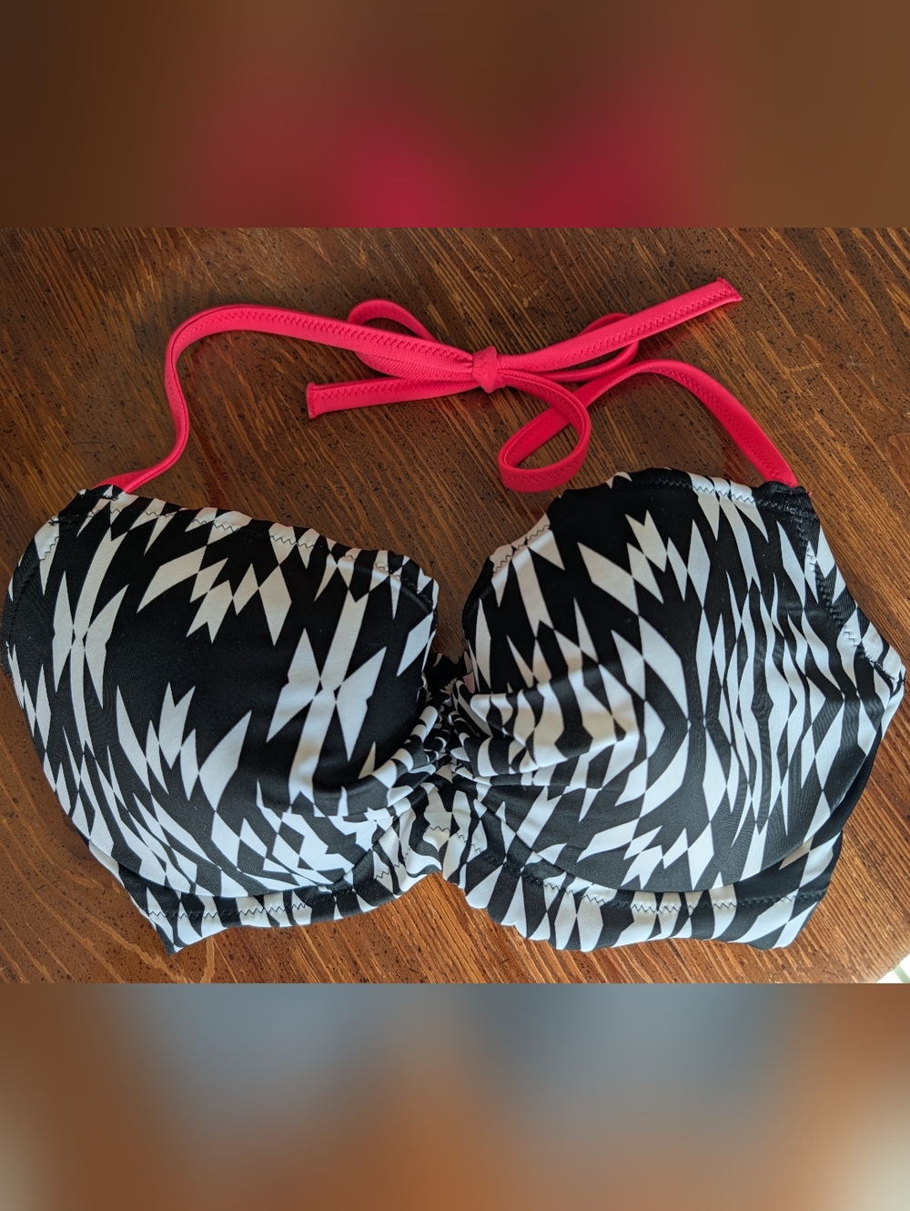 Victoria's Secret Black & White Striped Bikini Top with Pink Tie